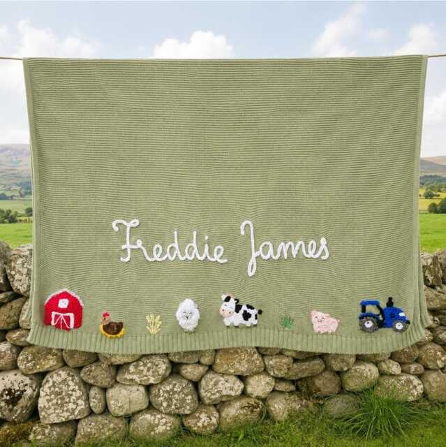 Farm Theme Baby Name Blanket, Hand Embroidered Personalised Cotton Blanket Keepsake Heirloom Christening Gift - image 1