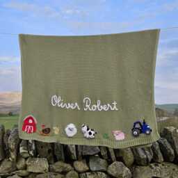 Farm Theme Baby Name Blanket, Hand Embroidered Personalised Cotton Blanket Keepsake Heirloom Christening Gift - thumbnail 2