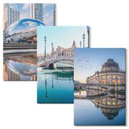 3 Piece Canvas Set - City Architecture Reflected in Water, Blue Large Wall Art, Travels Decor - thumbnail 2
