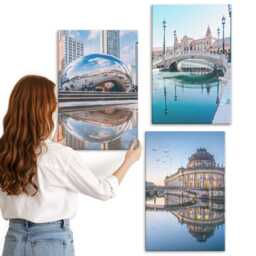 3 Piece Canvas Set - City Architecture Reflected in Water, Blue Large Wall Art, Travels Decor - thumbnail 3