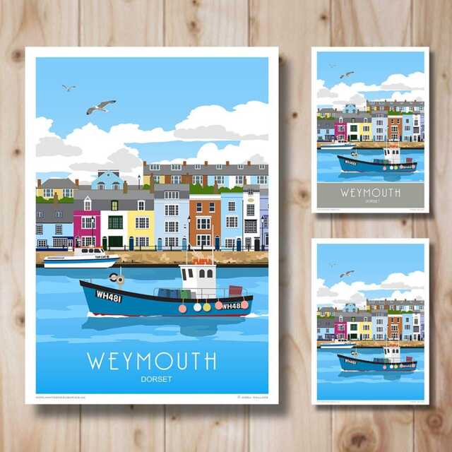 Weymouth Harbour, Fishing Boat, Dorset. Travel Poster Art Print - image 1