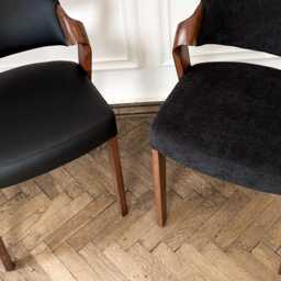 Elegant Dining Room Chairs Upholstered in Black Fabric/Leather, Mid-Century Solid Wood, Handcrafted Side - Comfortable Seat - thumbnail 2