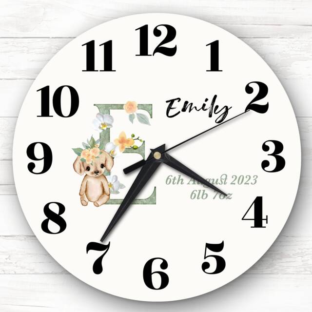 Baby Floral Watercolour Animal Alphabet Letter E Gift Personalised Clock - image 1
