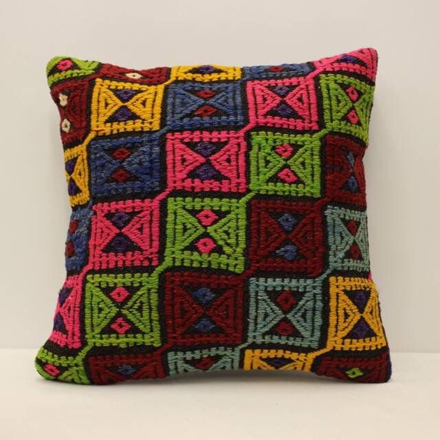 Vintage Turkish Kilim Pillow Cover, Bohemian Wool Throw - 18x18 - image 1