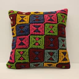 Vintage Turkish Kilim Pillow Cover, Bohemian Wool Throw - 18x18 - thumbnail 1