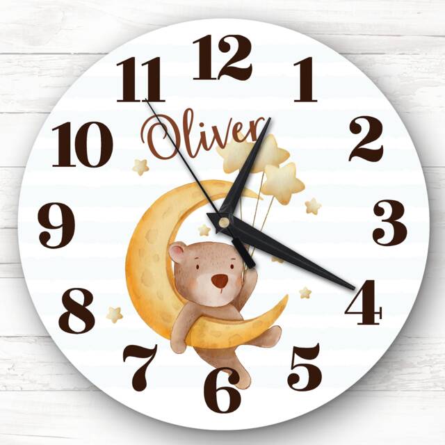 Watercolour Teddy Bear Moon Baby Nursery Custom Gift Personalised Clock - image 1