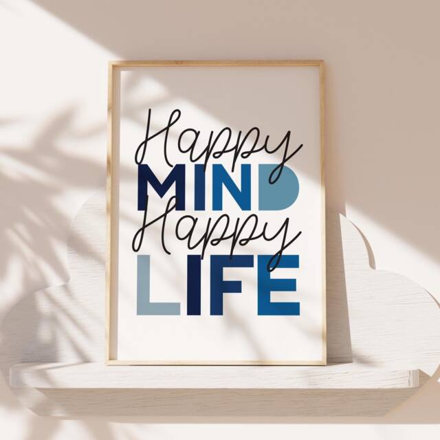 Happy Mind Life Print, Boys Inspirational Quotes, Motivational Wall Art, Teenager Bedroom Decor, Blue Grey. Positive - image 1