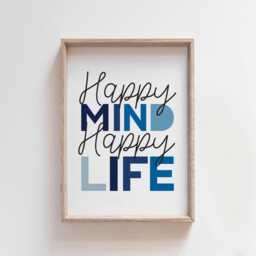 Happy Mind Life Print, Boys Inspirational Quotes, Motivational Wall Art, Teenager Bedroom Decor, Blue Grey. Positive - thumbnail 2