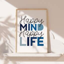 Happy Mind Life Print, Boys Inspirational Quotes, Motivational Wall Art, Teenager Bedroom Decor, Blue Grey. Positive - thumbnail 1