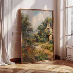 Cute Countryside Cottage - Autumn Landscape Print Living Room Gallery Wall Farmhouse Decor Wildflower Fall Art - thumbnail 1