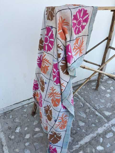 Artisan Cotton Kantha Suzani Quilt For King & Queen Beds - Traditional Hand Stitched Boho Bedding Throw Blanket - image 1