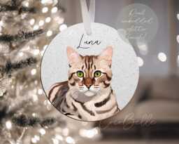 Personalised Bengal Bauble, Any Colour Digital Illustration Real Glitter Tabby Grey Cat Name Christmas Mum Gift Ideas Lover Owner - thumbnail 1