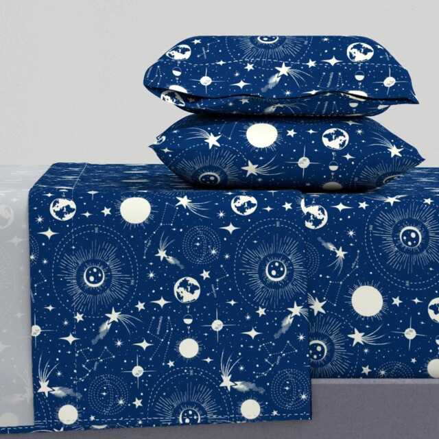 Constellations Sheets - Solar System Blue By Heatherdutton Vintage Galaxy Celestial Stars Cotton Sateen Sheet Set Bedding Spoonflower - image 1