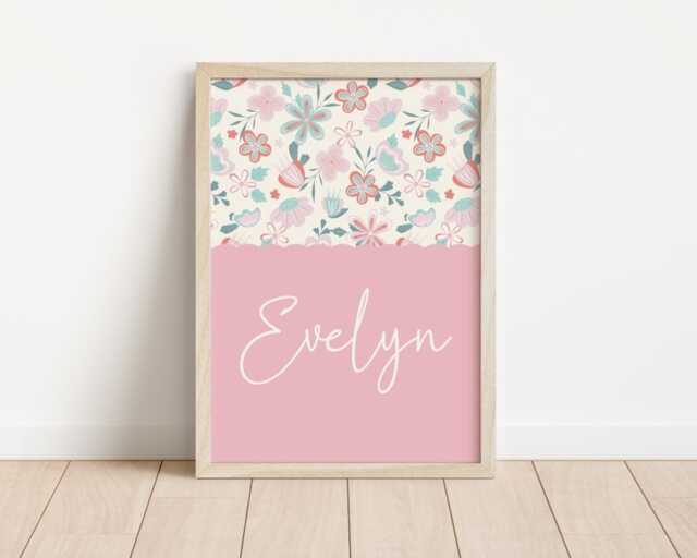 Girls Personalised Pink Floral Wall Print For Bedroom Or Nursery - image 1