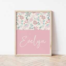 Girls Personalised Pink Floral Wall Print For Bedroom Or Nursery - thumbnail 3