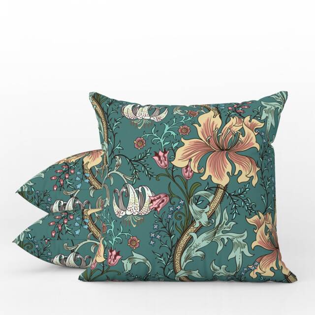 Outdoor Pillows - Weatherproof Garden Cushions William Morris Floral Pattern Enchanted Golden Lily Green Teal English House - image 1