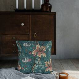 Outdoor Pillows - Weatherproof Garden Cushions William Morris Floral Pattern Enchanted Golden Lily Green Teal English House - thumbnail 2