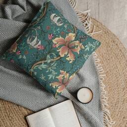 Outdoor Pillows - Weatherproof Garden Cushions William Morris Floral Pattern Enchanted Golden Lily Green Teal English House - thumbnail 3