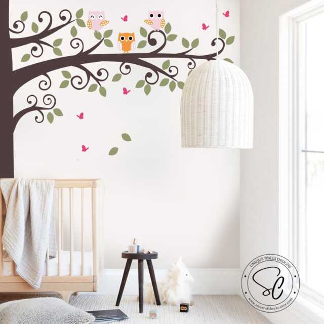 Corner Tree Vinyl Decal - Owls & Butterflies, Nursery Wall Decor - image 1