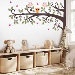 Corner Tree Vinyl Decal - Owls & Butterflies, Nursery Wall Decor - thumbnail 2