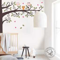Corner Tree Vinyl Decal - Owls & Butterflies, Nursery Wall Decor - thumbnail 1