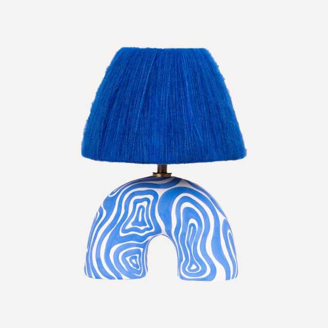 Handmade Cobalt Blue Table Lamp Swirl Pattern, Alpaca Silk Shade - image 1