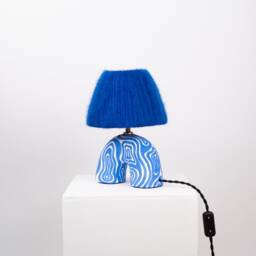 Handmade Cobalt Blue Table Lamp Swirl Pattern, Alpaca Silk Shade - thumbnail 3