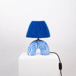 Handmade Cobalt Blue Table Lamp Swirl Pattern, Alpaca Silk Shade - thumbnail 2