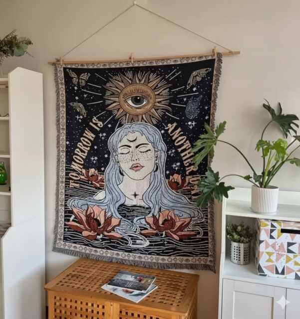 Celestial Goddess Woven Throw Blanket - Mystical Sun Eye Tapestry Boho Decor - image 1