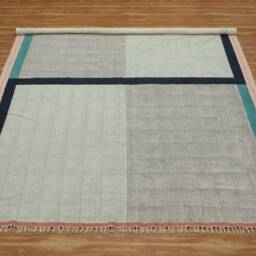 Hand Woven Blue Cotton Rug, Block Print Kilim Style - thumbnail 2