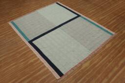 Hand Woven Blue Cotton Rug, Block Print Kilim Style - thumbnail 1