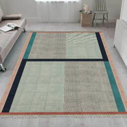 Hand Woven Blue Cotton Rug, Block Print Kilim Style - thumbnail 3
