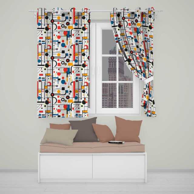 Abstract Bauhaus Lines Circles & Shapes Seamless Pattern Readymade Eyelet Ring Top Thermal 100% Blackout Curtains - image 1