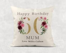 Personalised Floral 60Th Birthday Pillow Gold Linen Cushion For Mum/Nan