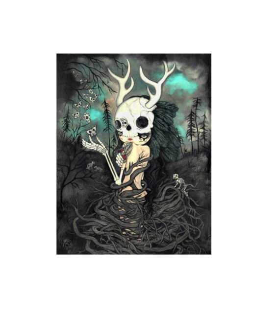 Deer Antler Skull Art Print Spooky Butterfly Skeleton Decor - 8x10 - image 1