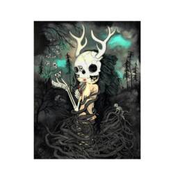 Deer Antler Skull Art Print Spooky Butterfly Skeleton Decor - 8x10 - thumbnail 2