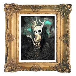 Deer Antler Skull Art Print Spooky Butterfly Skeleton Decor - 8x10 - thumbnail 3