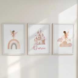 Pink Fairy Personalised Set Of 3 Prints, Childs Custom Name Poster, Blush Princess Decor Wall Art Gift For Nursery, Bedroom Or Playroom - thumbnail 2