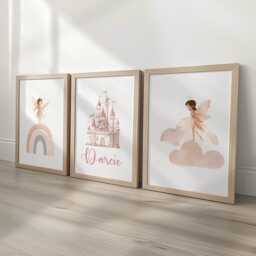Pink Fairy Personalised Set Of 3 Prints, Childs Custom Name Poster, Blush Princess Decor Wall Art Gift For Nursery, Bedroom Or Playroom - thumbnail 1