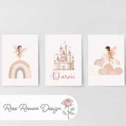 Pink Fairy Personalised Set Of 3 Prints, Childs Custom Name Poster, Blush Princess Decor Wall Art Gift For Nursery, Bedroom Or Playroom - thumbnail 3