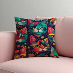 Colorful Cat Cushion Cover, Bold Abstract Kitty Faces Pillow Case, Fun Feline Throw Cover For Lovers & Whimsical Decor - thumbnail 3