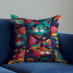 Colorful Cat Cushion Cover, Bold Abstract Kitty Faces Pillow Case, Fun Feline Throw Cover For Lovers & Whimsical Decor