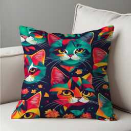 Colorful Cat Cushion Cover, Bold Abstract Kitty Faces Pillow Case, Fun Feline Throw Cover For Lovers & Whimsical Decor - thumbnail 4