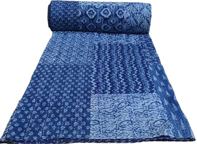 Indigo Cotton Kantha Quilt Hand Block Patchwork Bedspread - Twin/Queen - image 1