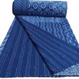 Indigo Cotton Kantha Quilt Hand Block Patchwork Bedspread - Twin/Queen - thumbnail 3