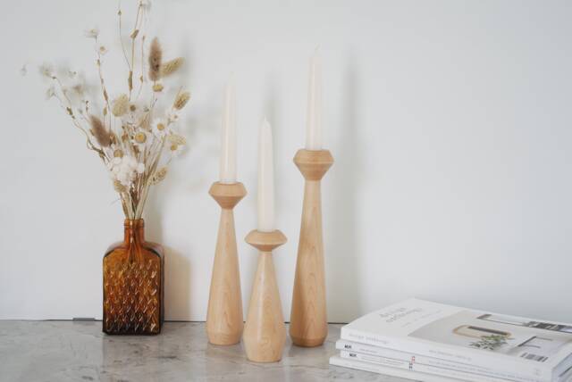 Set Of 3 Handturned Minimalist Wood Candlestick, Maple Candle Holder, Scandinavian, Hygge Simple, Portabella - image 1