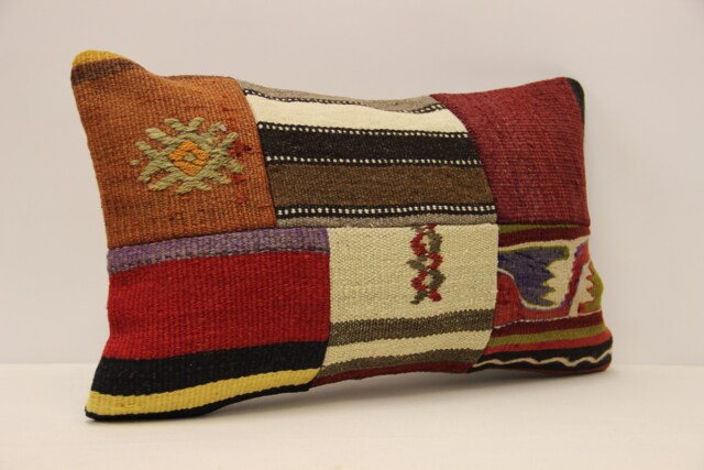 Vintage Turkish Kilim Lumbar Pillow Cover, Patchwork Wool Cushion - 12x20 In - image 1