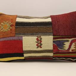 Vintage Turkish Kilim Lumbar Pillow Cover, Patchwork Wool Cushion - 12x20 In - thumbnail 2