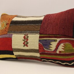 Vintage Turkish Kilim Lumbar Pillow Cover, Patchwork Wool Cushion - 12x20 In - thumbnail 3