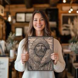 Mountain Man Wall Art - Engraved Wood Lithograph Illustration, Large Art, Bearded Rugged Portrait Alaskan Painting, Cabin Home Decor - thumbnail 2